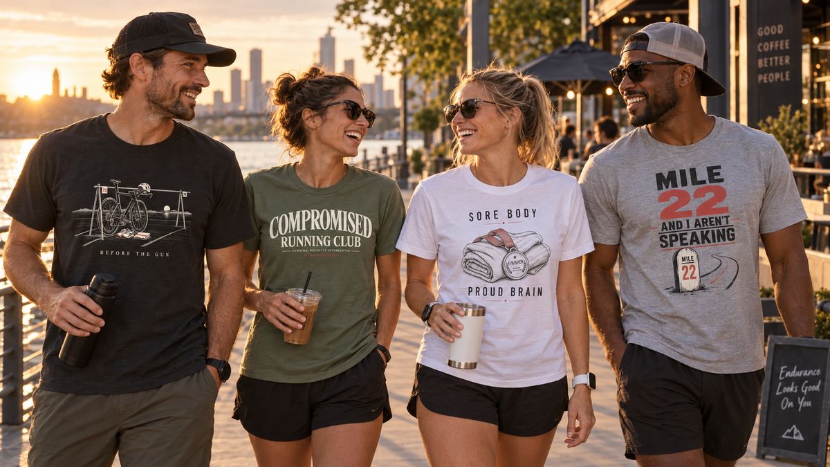The Finish Society community wearing endurance-inspired apparel in everyday life