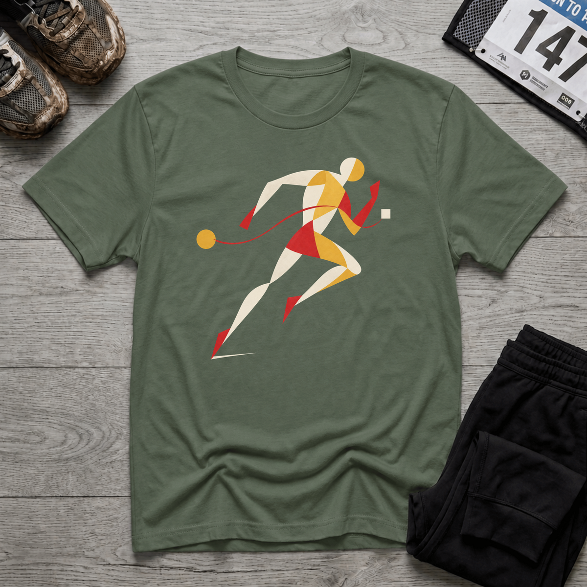 TFS mockup | Geometric Runner T-Shirt | Military Green | 70e70256e42a2085