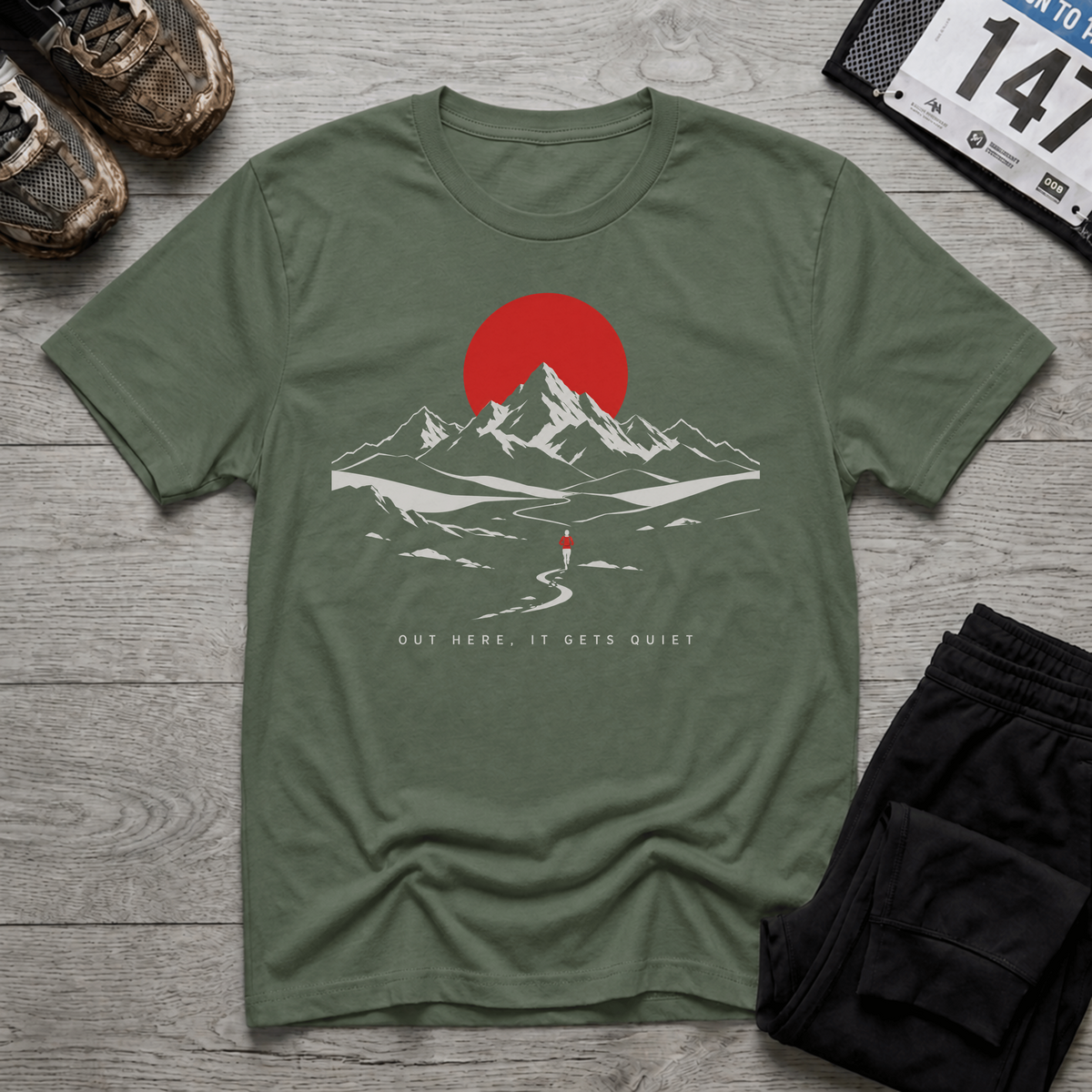 TFS mockup | Out Here It Gets Quiet T-Shirt | Military Green | e86ec18cb8da51e0