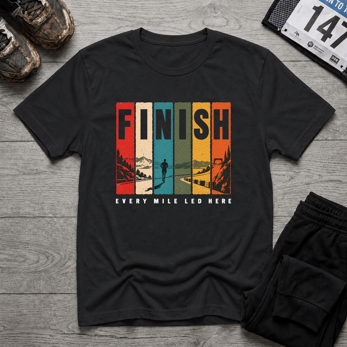 TFS mockup | FINISH Every Mile Led Here T-Shirt | Black | 842d39e692bce1e6