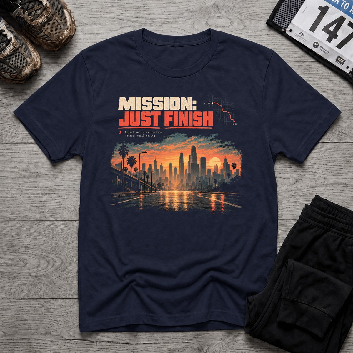 TFS mockup | Mission: Just Finish T-Shirt | Navy | 705bf7d59d9ea4ab