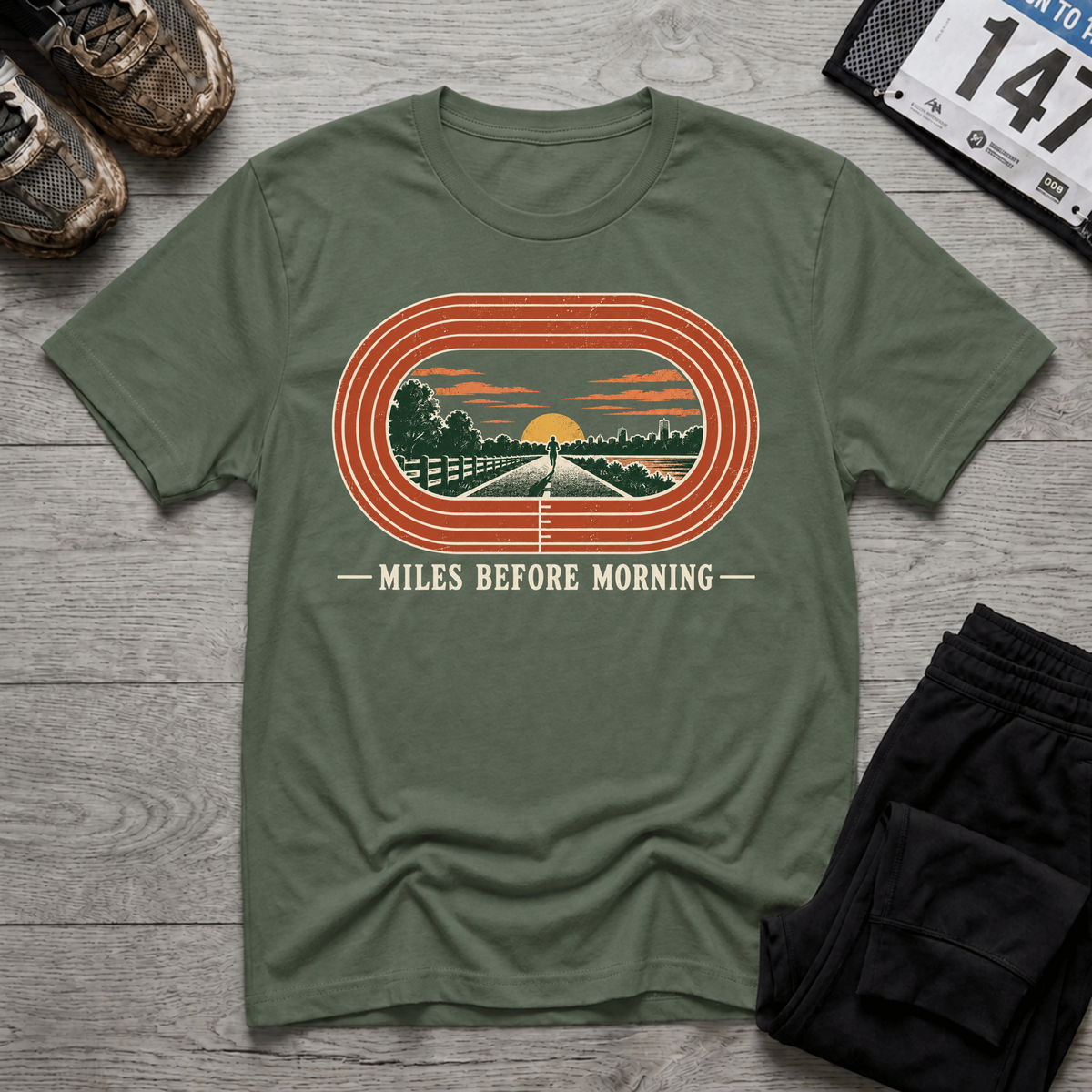 TFS mockup | Miles Before Morning T-Shirt | Military Green | ebf1742673c33473