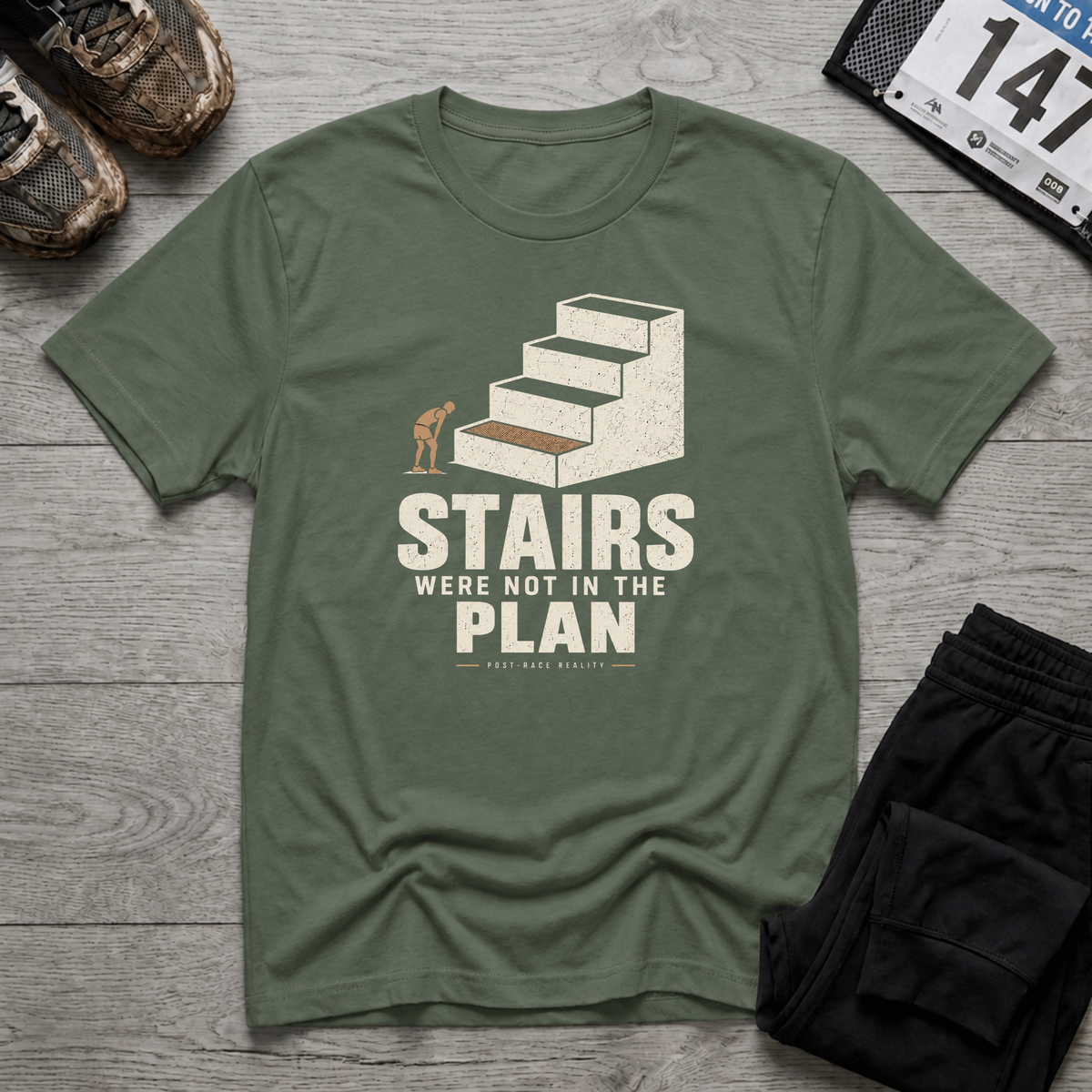 TFS mockup | Stairs Were Not In The Plan T-Shirt | Military Green | 89617d483080afbc